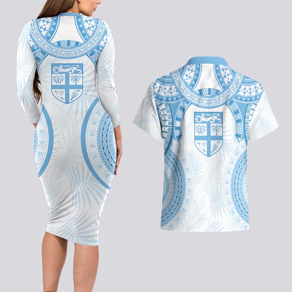 Bula Fiji Day 55th Anniversary Masi Tapa Couples Matching Long Sleeve Bodycon Dress and Hawaiian Shirt Emerald Jubilee - Turquoise - Polynesian Pride