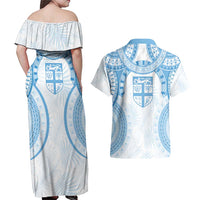 Bula Fiji Day 55th Anniversary Masi Tapa Couples Matching Off Shoulder Maxi Dress and Hawaiian Shirt Emerald Jubilee - Turquoise - Polynesian Pride