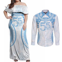 Bula Fiji Day 55th Anniversary Masi Tapa Couples Matching Off Shoulder Maxi Dress and Long Sleeve Button Shirt Emerald Jubilee - Turquoise - Polynesian Pride