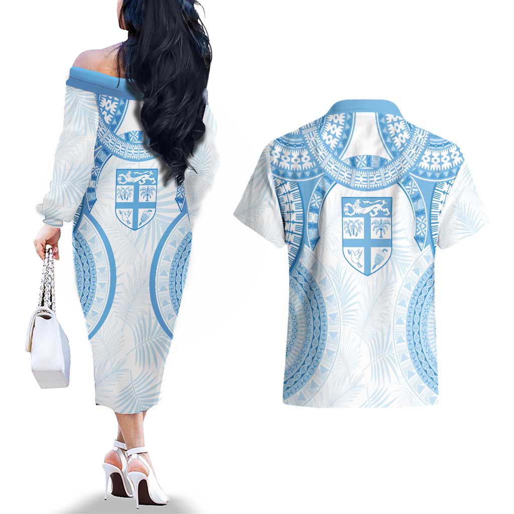 Bula Fiji Day 55th Anniversary Masi Tapa Couples Matching Off The Shoulder Long Sleeve Dress and Hawaiian Shirt Emerald Jubilee - Turquoise - Polynesian Pride