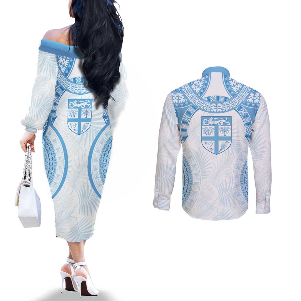 Bula Fiji Day 55th Anniversary Masi Tapa Couples Matching Off The Shoulder Long Sleeve Dress and Long Sleeve Button Shirt Emerald Jubilee - Turquoise - Polynesian Pride