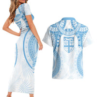 Bula Fiji Day 55th Anniversary Masi Tapa Couples Matching Short Sleeve Bodycon Dress and Hawaiian Shirt Emerald Jubilee - Turquoise - Polynesian Pride