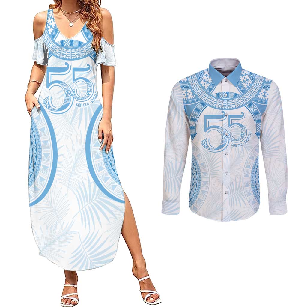 Bula Fiji Day 55th Anniversary Masi Tapa Couples Matching Summer Maxi Dress and Long Sleeve Button Shirt Emerald Jubilee - Turquoise - Polynesian Pride