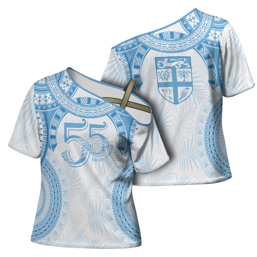 Bula Fiji Day 55th Anniversary Masi Tapa Cross Shoulder Shirt Emerald Jubilee - Turquoise - Polynesian Pride