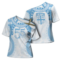 Bula Fiji Day 55th Anniversary Masi Tapa Cross Shoulder Shirt Emerald Jubilee - Turquoise - Polynesian Pride
