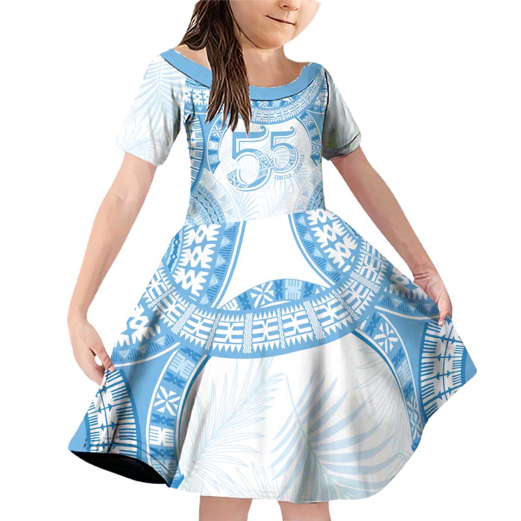 Bula Fiji Day 55th Anniversary Masi Tapa Family Matching Off Shoulder Short Dress and Hawaiian Shirt Emerald Jubilee - Turquoise - Polynesian Pride