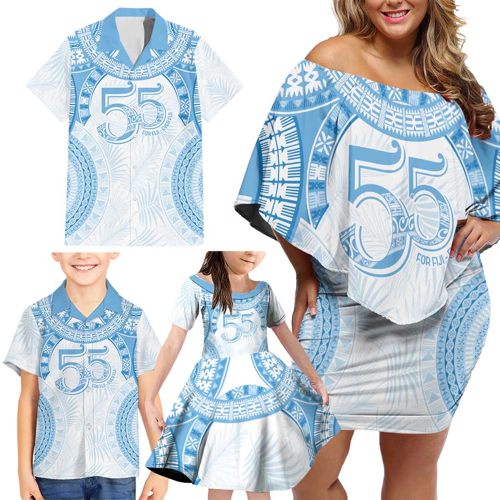 Bula Fiji Day 55th Anniversary Masi Tapa Family Matching Off Shoulder Short Dress and Hawaiian Shirt Emerald Jubilee - Turquoise - Polynesian Pride