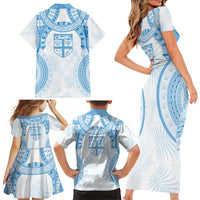 Bula Fiji Day 55th Anniversary Masi Tapa Family Matching Short Sleeve Bodycon Dress and Hawaiian Shirt Emerald Jubilee - Turquoise - Polynesian Pride