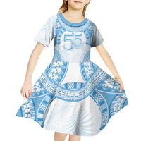 Bula Fiji Day 55th Anniversary Masi Tapa Kid Short Sleeve Dress Emerald Jubilee - Turquoise - Polynesian Pride