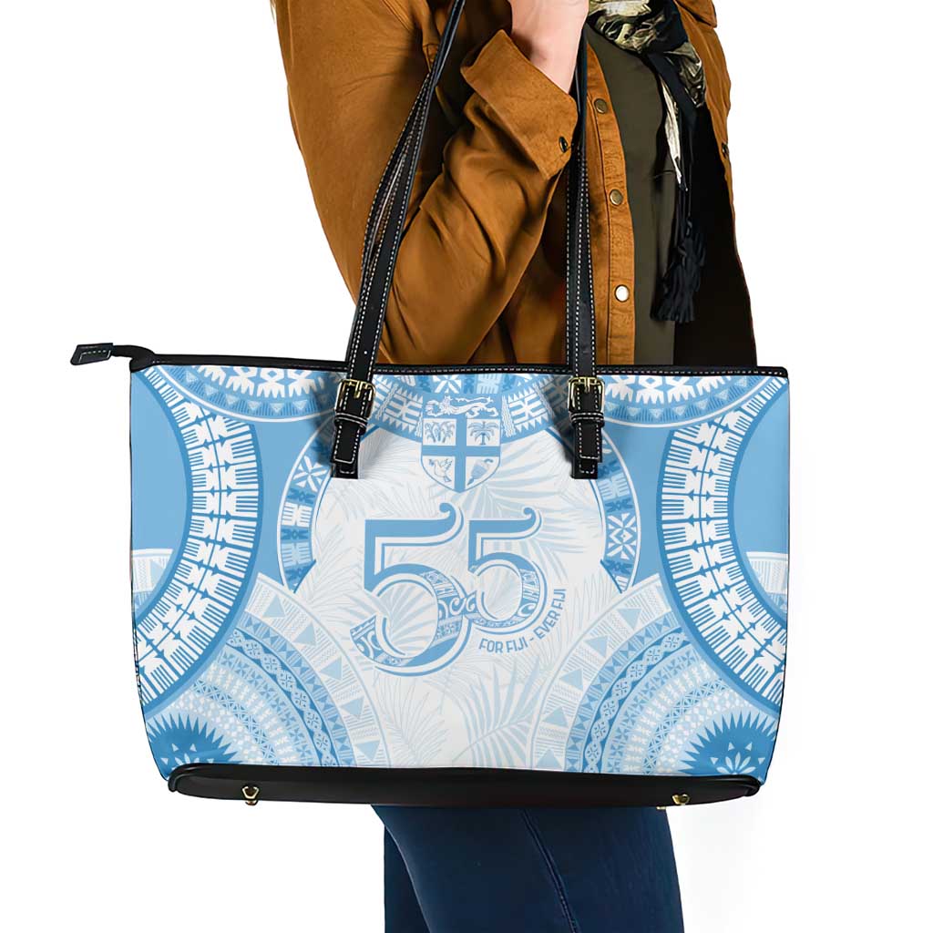 Bula Fiji Day 55th Anniversary Masi Tapa Leather Tote Bag Emerald Jubilee - Turquoise - Polynesian Pride