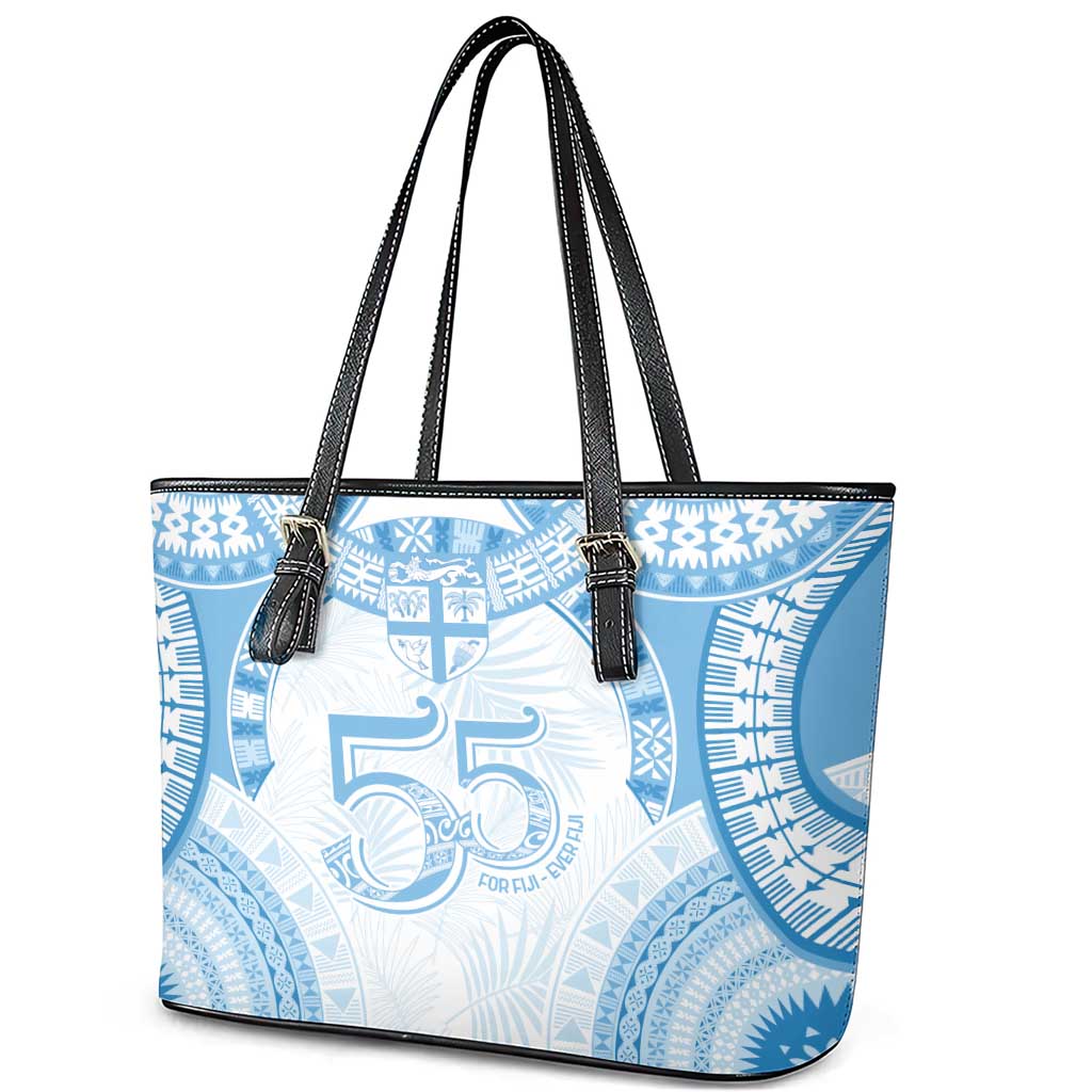 Bula Fiji Day 55th Anniversary Masi Tapa Leather Tote Bag Emerald Jubilee - Turquoise - Polynesian Pride