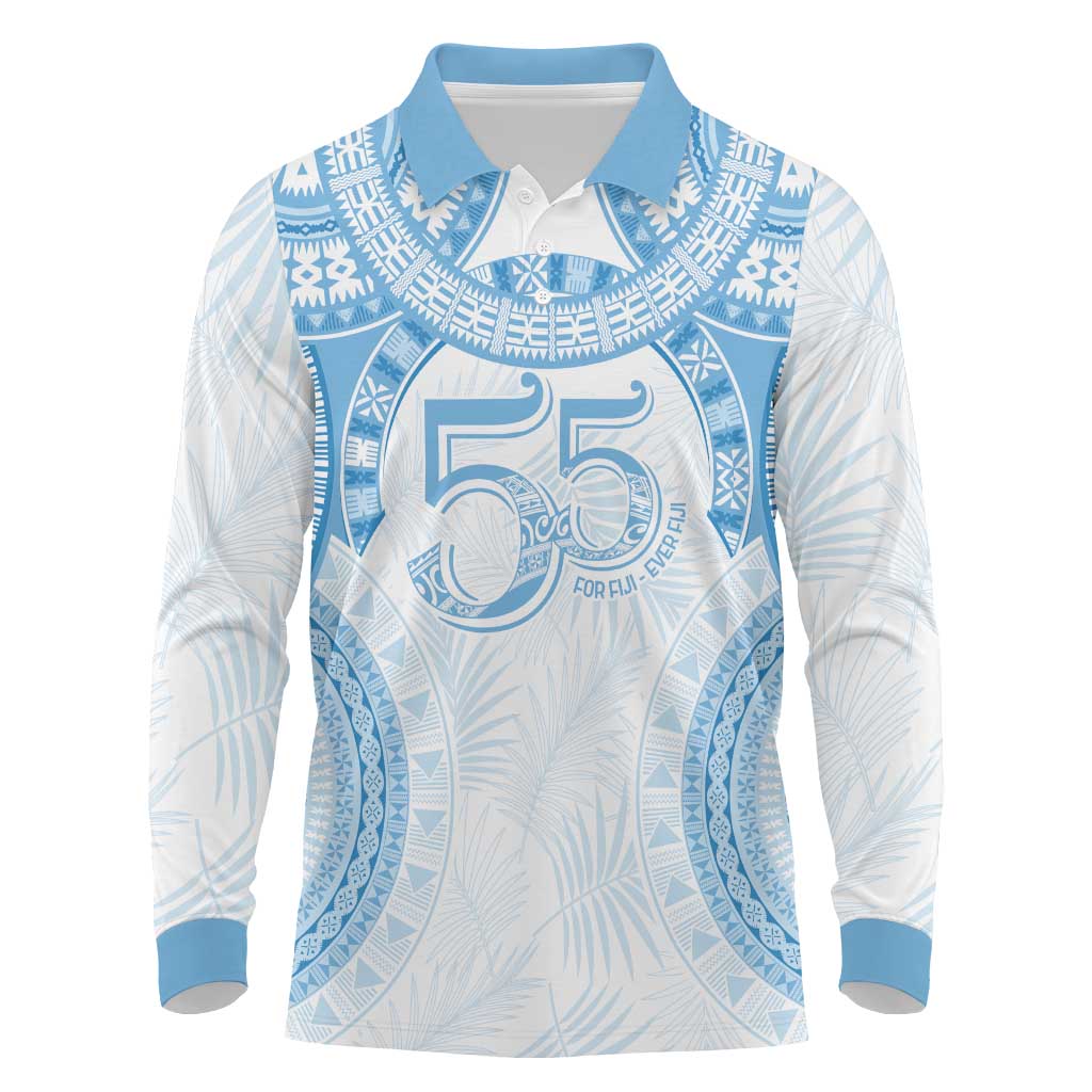 Bula Fiji Day 55th Anniversary Masi Tapa Long Sleeve Polo Shirt Emerald Jubilee - Turquoise - Polynesian Pride