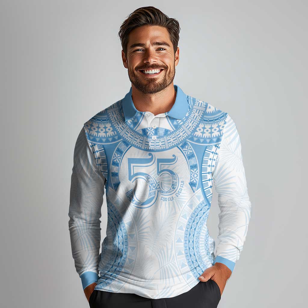 Bula Fiji Day 55th Anniversary Masi Tapa Long Sleeve Polo Shirt Emerald Jubilee - Turquoise - Polynesian Pride