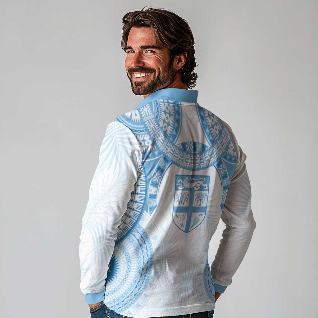 Bula Fiji Day 55th Anniversary Masi Tapa Long Sleeve Polo Shirt Emerald Jubilee - Turquoise - Polynesian Pride