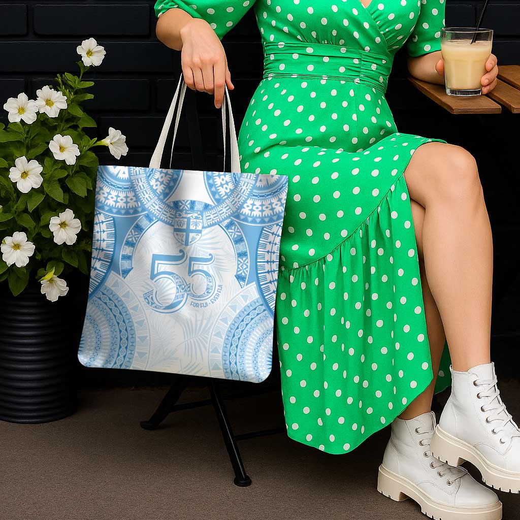 Bula Fiji Day 55th Anniversary Masi Tapa Tote Bag Emerald Jubilee - Turquoise - Polynesian Pride