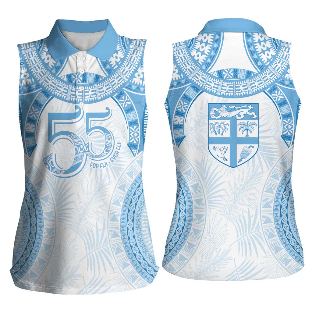 Bula Fiji Day 55th Anniversary Masi Tapa Women Sleeveless Polo Shirt Emerald Jubilee - Turquoise - Polynesian Pride