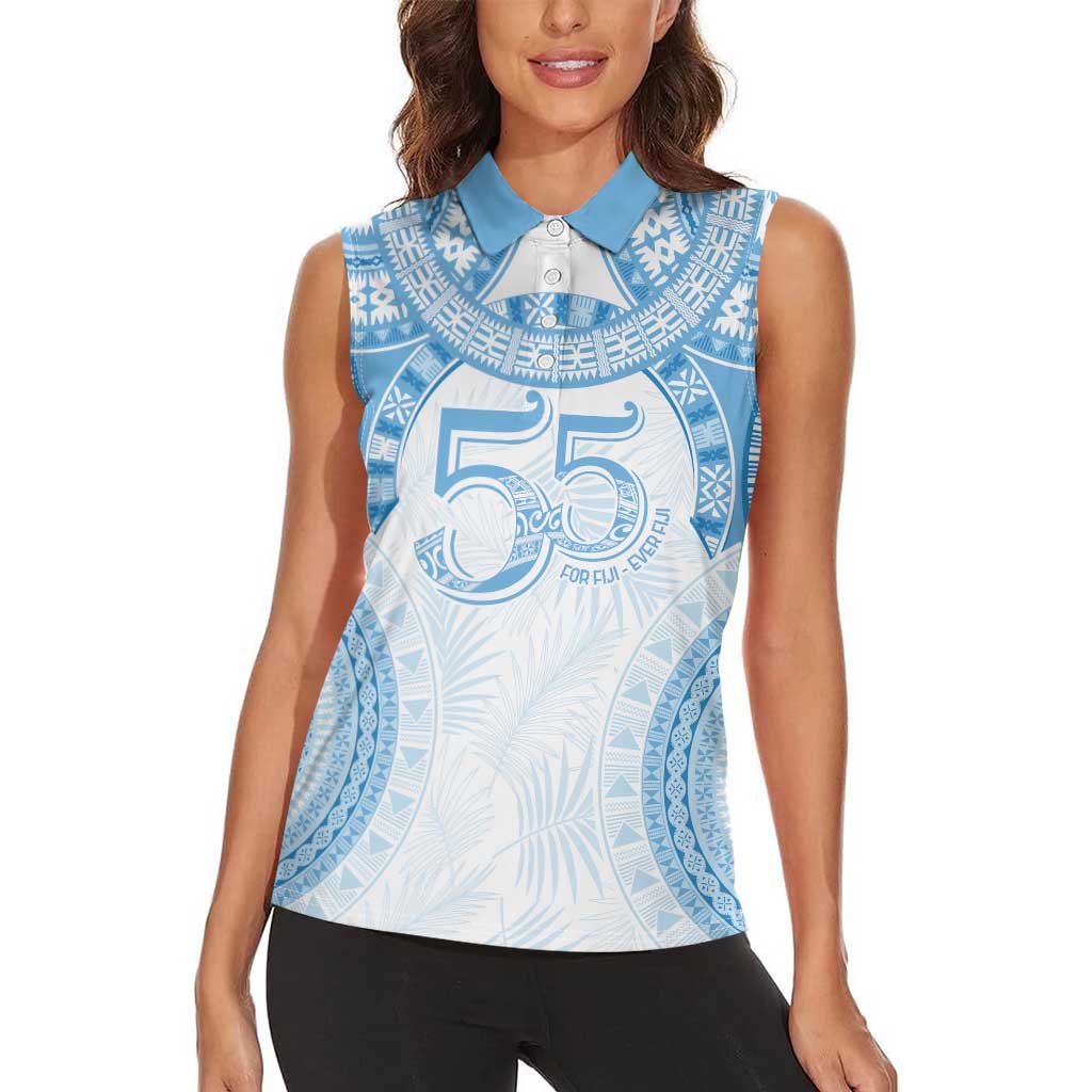 Bula Fiji Day 55th Anniversary Masi Tapa Women Sleeveless Polo Shirt Emerald Jubilee - Turquoise - Polynesian Pride