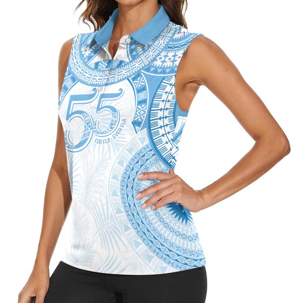 Bula Fiji Day 55th Anniversary Masi Tapa Women Sleeveless Polo Shirt Emerald Jubilee - Turquoise - Polynesian Pride
