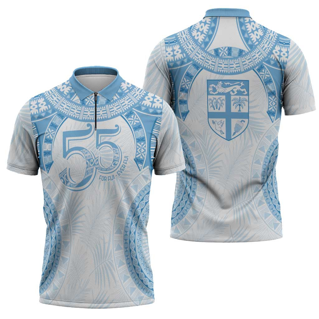 Bula Fiji Day 55th Anniversary Masi Tapa Zipper Polo Shirt Emerald Jubilee - Turquoise - Polynesian Pride