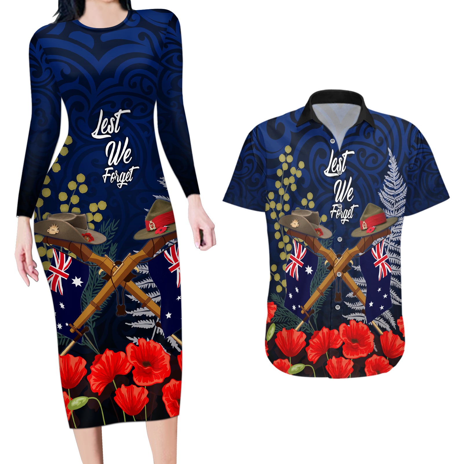 Anzac Day Aussie Mix Maori In Memories Couples Matching Long Sleeve Bodycon Dress and Hawaiian Shirt LT7 Blue - Polynesian Pride