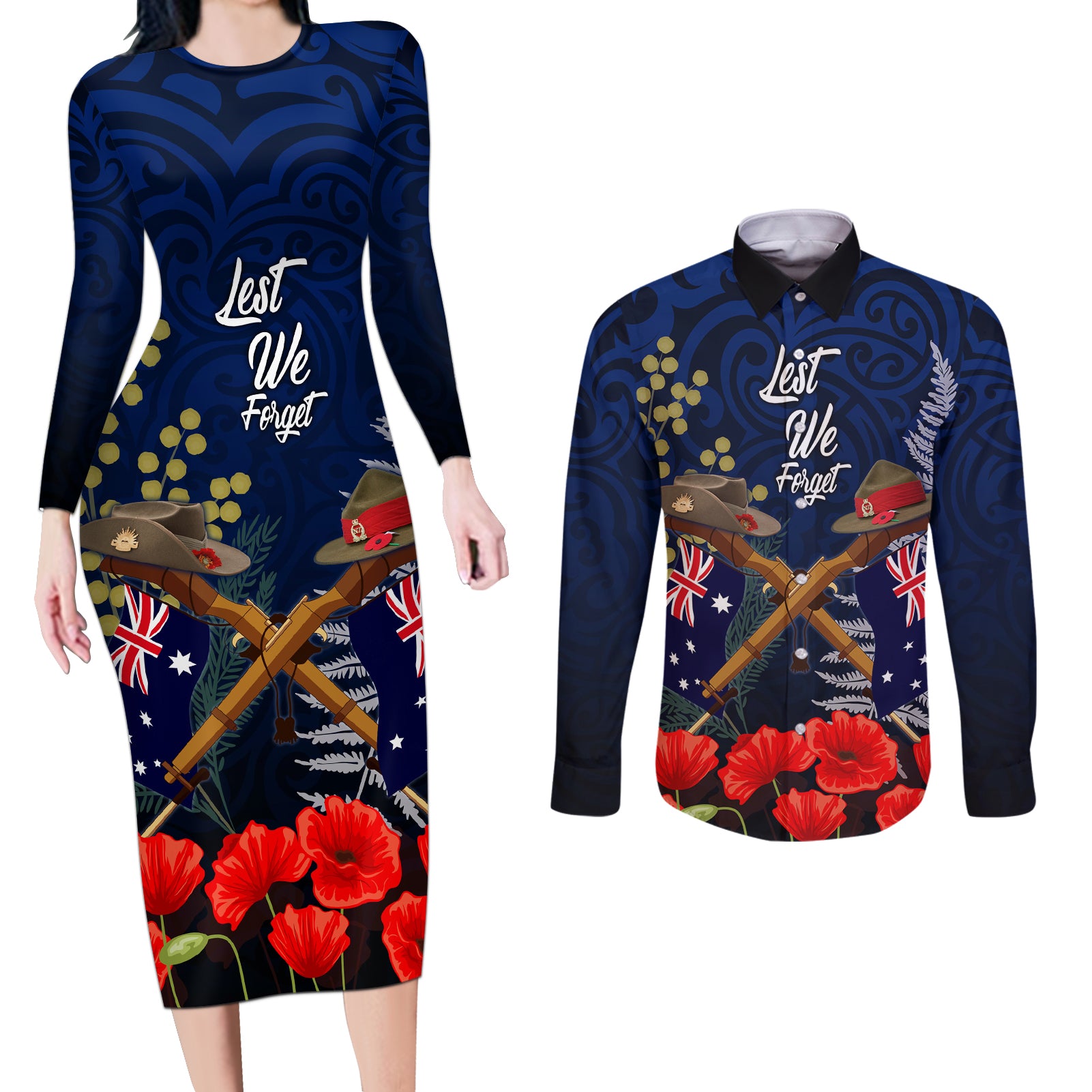 Anzac Day Aussie Mix Maori In Memories Couples Matching Long Sleeve Bodycon Dress and Long Sleeve Button Shirt LT7 Blue - Polynesian Pride