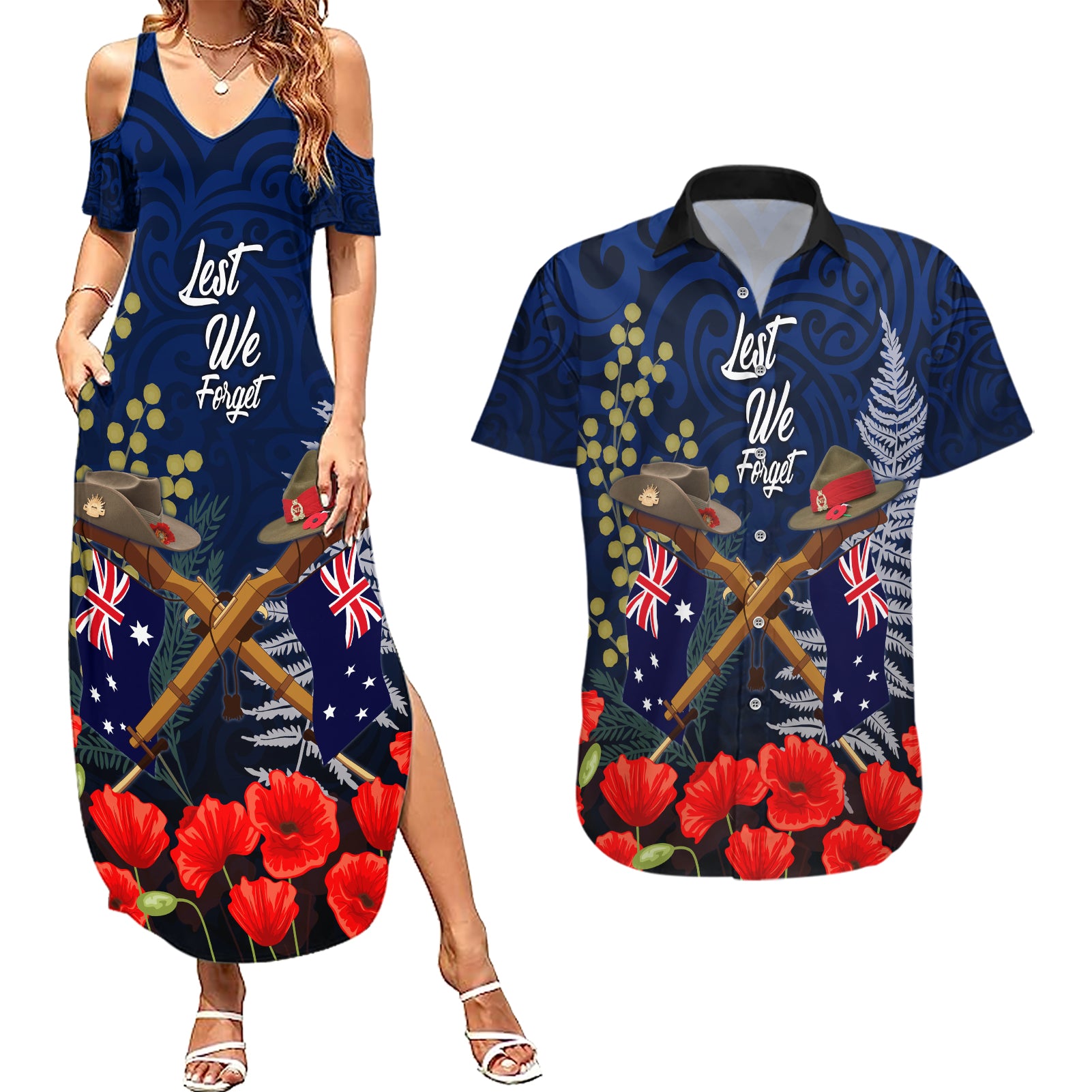 Anzac Day Aussie Mix Maori In Memories Couples Matching Summer Maxi Dress and Hawaiian Shirt LT7 Blue - Polynesian Pride