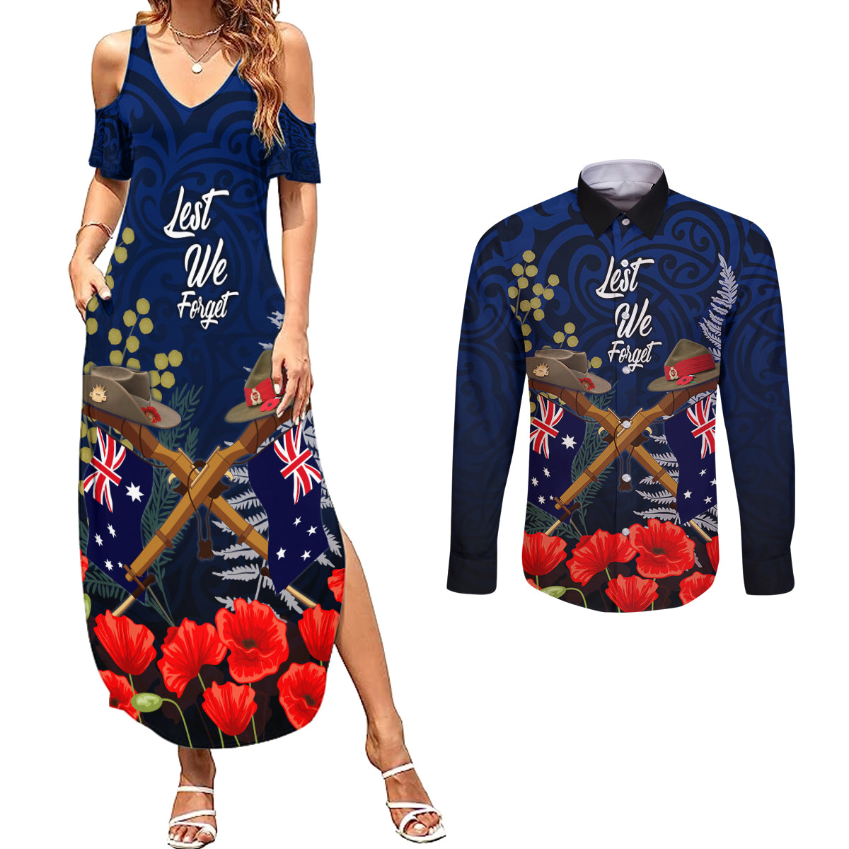 Anzac Day Aussie Mix Maori In Memories Couples Matching Summer Maxi Dress and Long Sleeve Button Shirt LT7 Blue - Polynesian Pride