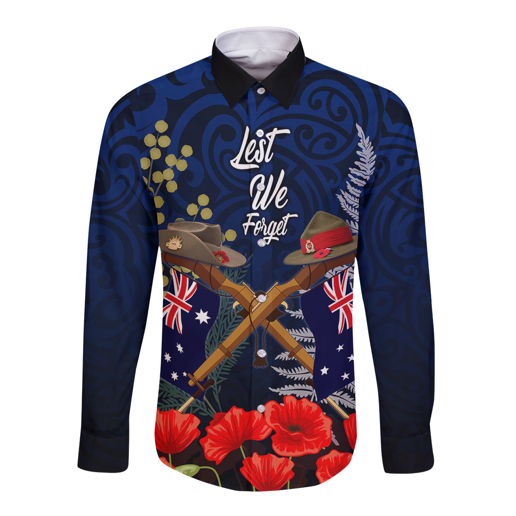 Anzac Day Aussie Mix Maori In Memories Long Sleeve Button Shirt LT7 Unisex Blue - Polynesian Pride