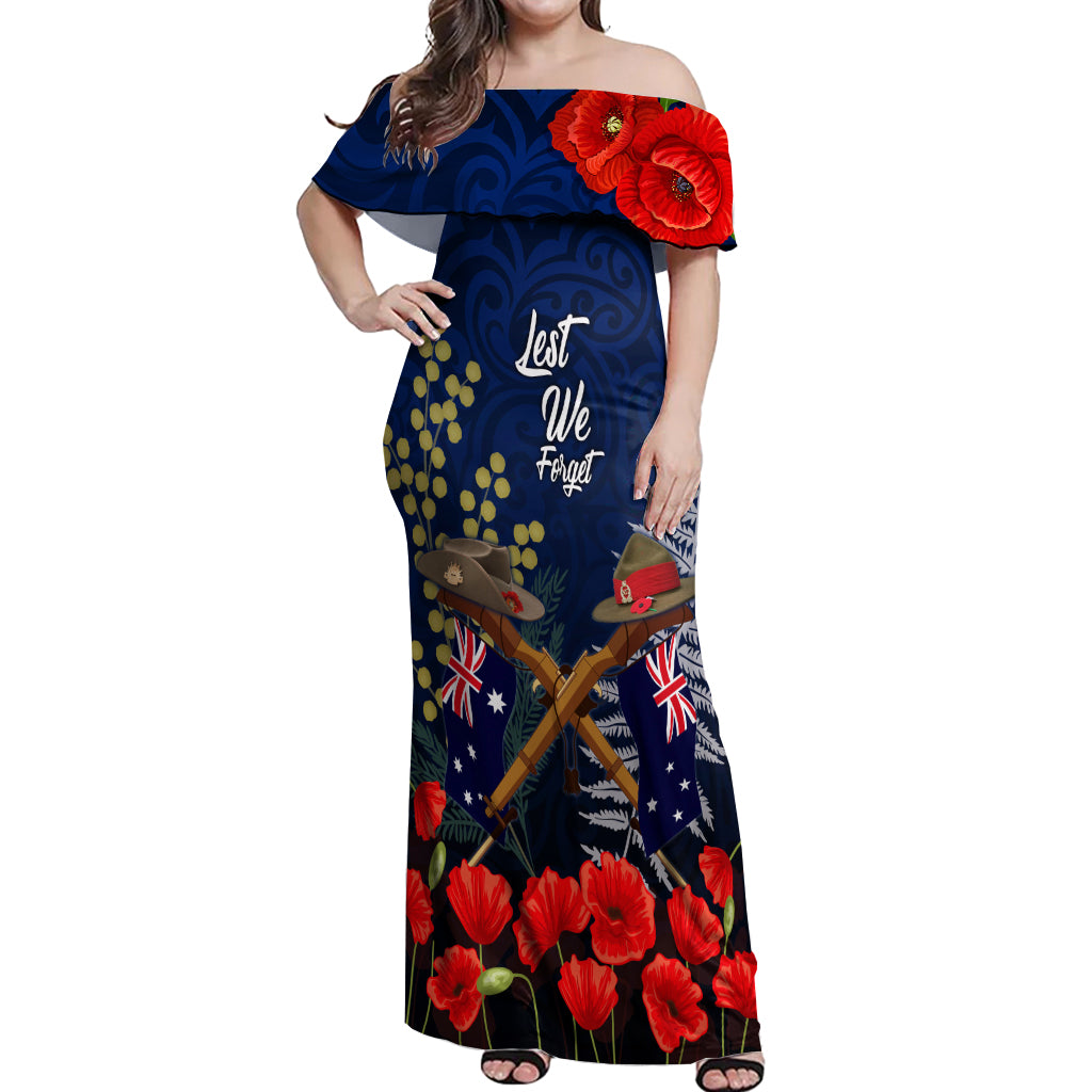 Anzac Day Aussie Mix Maori In Memories Off Shoulder Maxi Dress LT7 Women Blue - Polynesian Pride