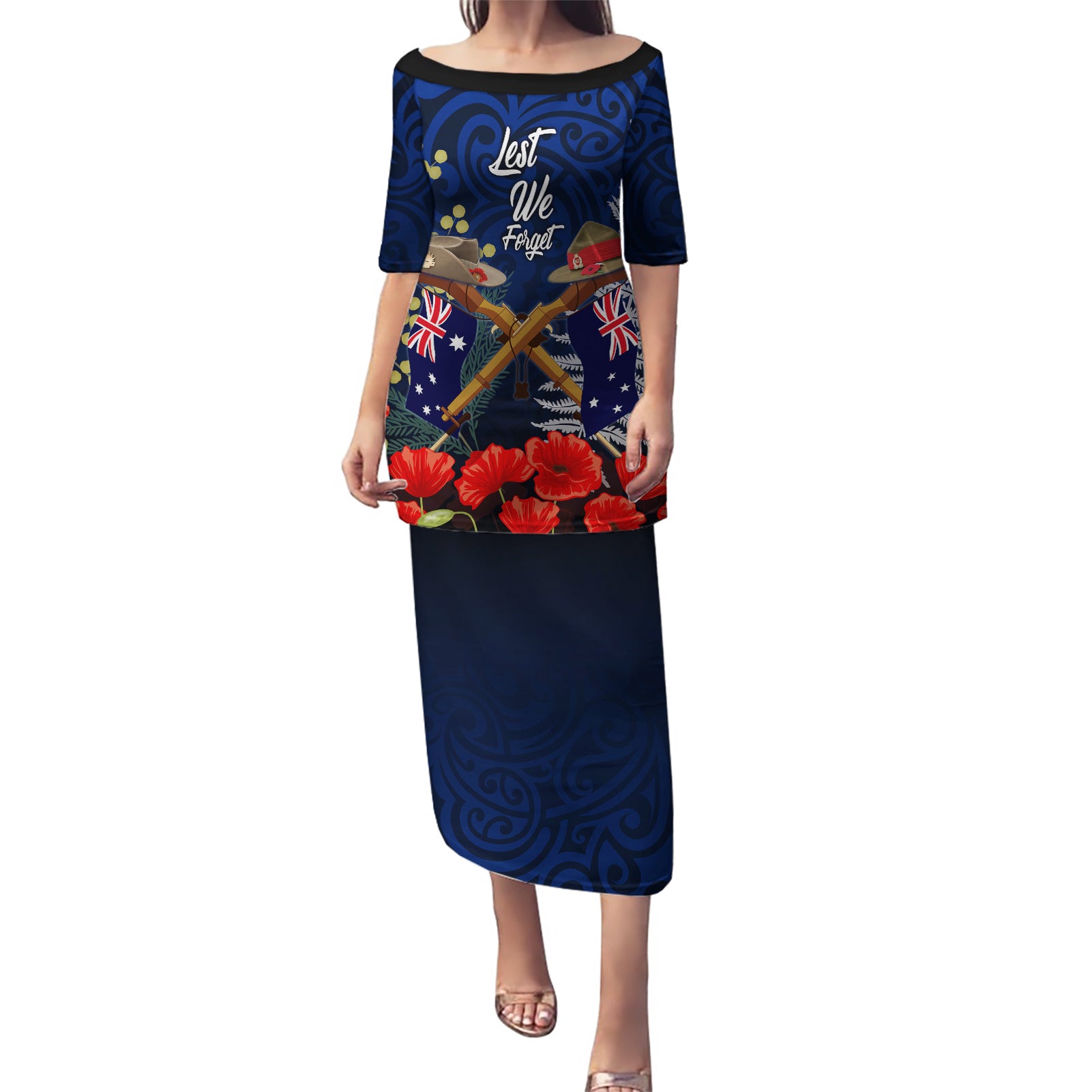 Anzac Day Aussie Mix Maori In Memories Puletasi LT7 Long Dress Blue - Polynesian Pride