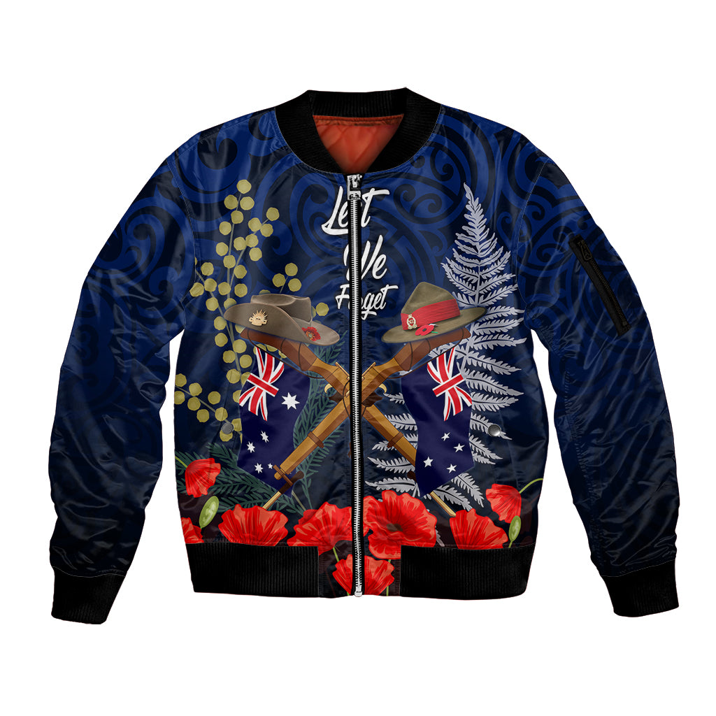 Anzac Day Aussie Mix Maori In Memories Sleeve Zip Bomber Jacket LT7 Unisex Blue - Polynesian Pride