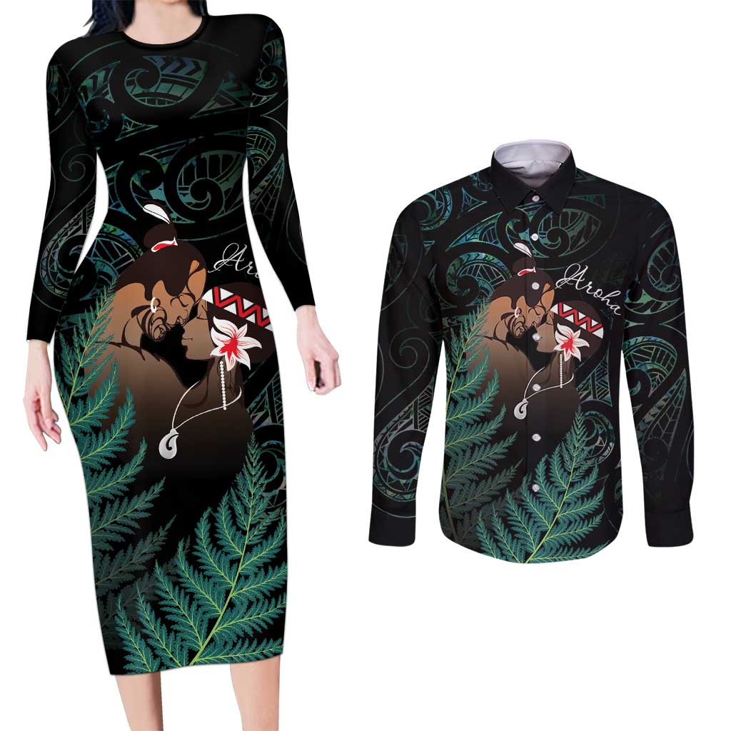 Maori Hongi Valentine Couples Matching Long Sleeve Bodycon Dress and Long Sleeve Button Shirt Aroha Ahau Ki A Koe