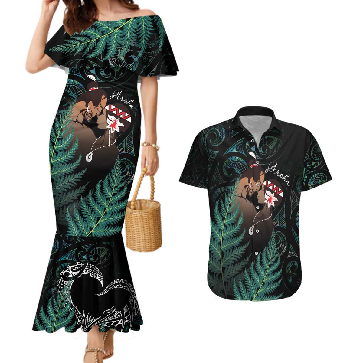 Maori Hongi Valentine Couples Matching Mermaid Dress and Hawaiian Shirt Aroha Ahau Ki A Koe