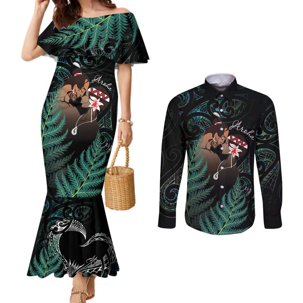 Maori Hongi Valentine Couples Matching Mermaid Dress and Long Sleeve Button Shirt Aroha Ahau Ki A Koe