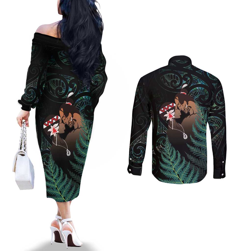 Maori Hongi Valentine Couples Matching Off The Shoulder Long Sleeve Dress and Long Sleeve Button Shirt Aroha Ahau Ki A Koe