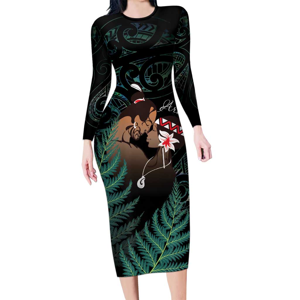 Maori Hongi Valentine Long Sleeve Bodycon Dress Aroha Ahau Ki A Koe