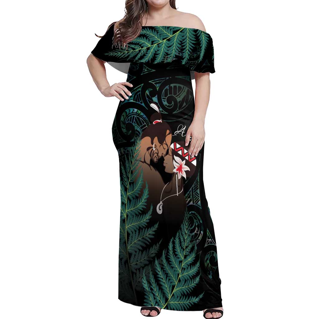 Maori Hongi Valentine Off Shoulder Maxi Dress Aroha Ahau Ki A Koe LT7 Women Emerald - Polynesian Pride