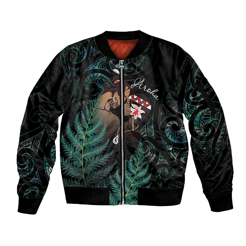 Maori Hongi Valentine Sleeve Zip Bomber Jacket Aroha Ahau Ki A Koe