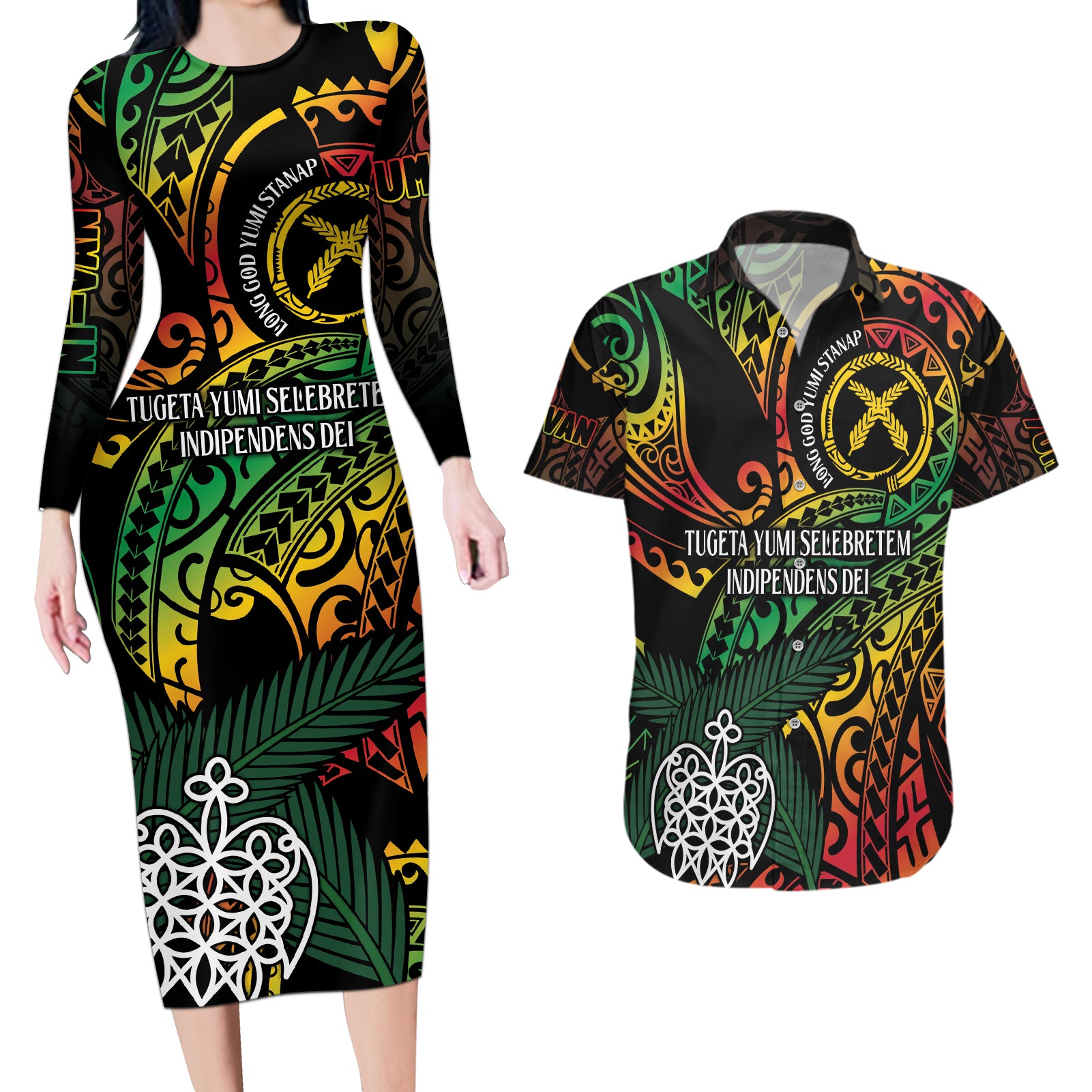 Vanuatu Indipendens Dei Couples Matching Long Sleeve Bodycon Dress and Hawaiian Shirt Mix Traditional Sand Drawing