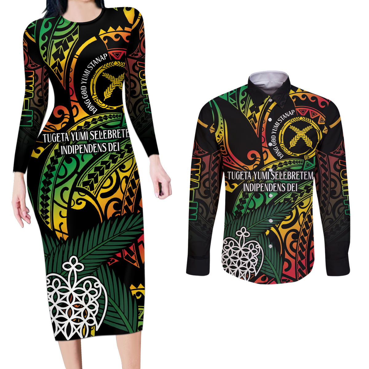 Vanuatu Indipendens Dei Couples Matching Long Sleeve Bodycon Dress and Long Sleeve Button Shirt Mix Traditional Sand Drawing LT7 Colorful - Polynesian Pride