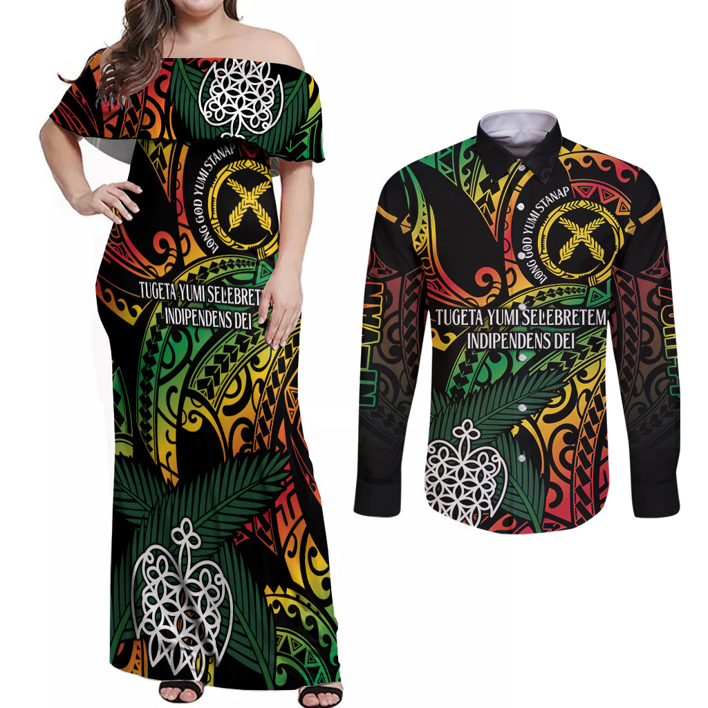 Vanuatu Indipendens Dei Couples Matching Off Shoulder Maxi Dress and Long Sleeve Button Shirt Mix Traditional Sand Drawing LT7 Colorful - Polynesian Pride