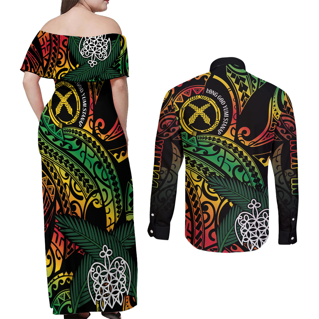 Vanuatu Indipendens Dei Couples Matching Off Shoulder Maxi Dress and Long Sleeve Button Shirt Mix Traditional Sand Drawing LT7 - Polynesian Pride