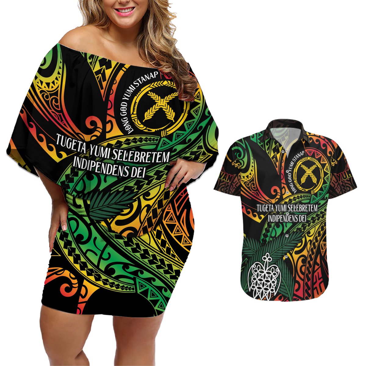 Vanuatu Indipendens Dei Couples Matching Off Shoulder Short Dress and Hawaiian Shirt Mix Traditional Sand Drawing LT7 Colorful - Polynesian Pride