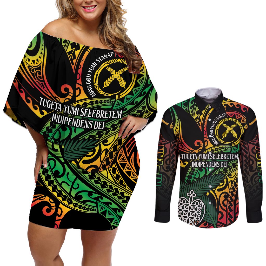 Vanuatu Indipendens Dei Couples Matching Off Shoulder Short Dress and Long Sleeve Button Shirt Mix Traditional Sand Drawing LT7 Colorful - Polynesian Pride
