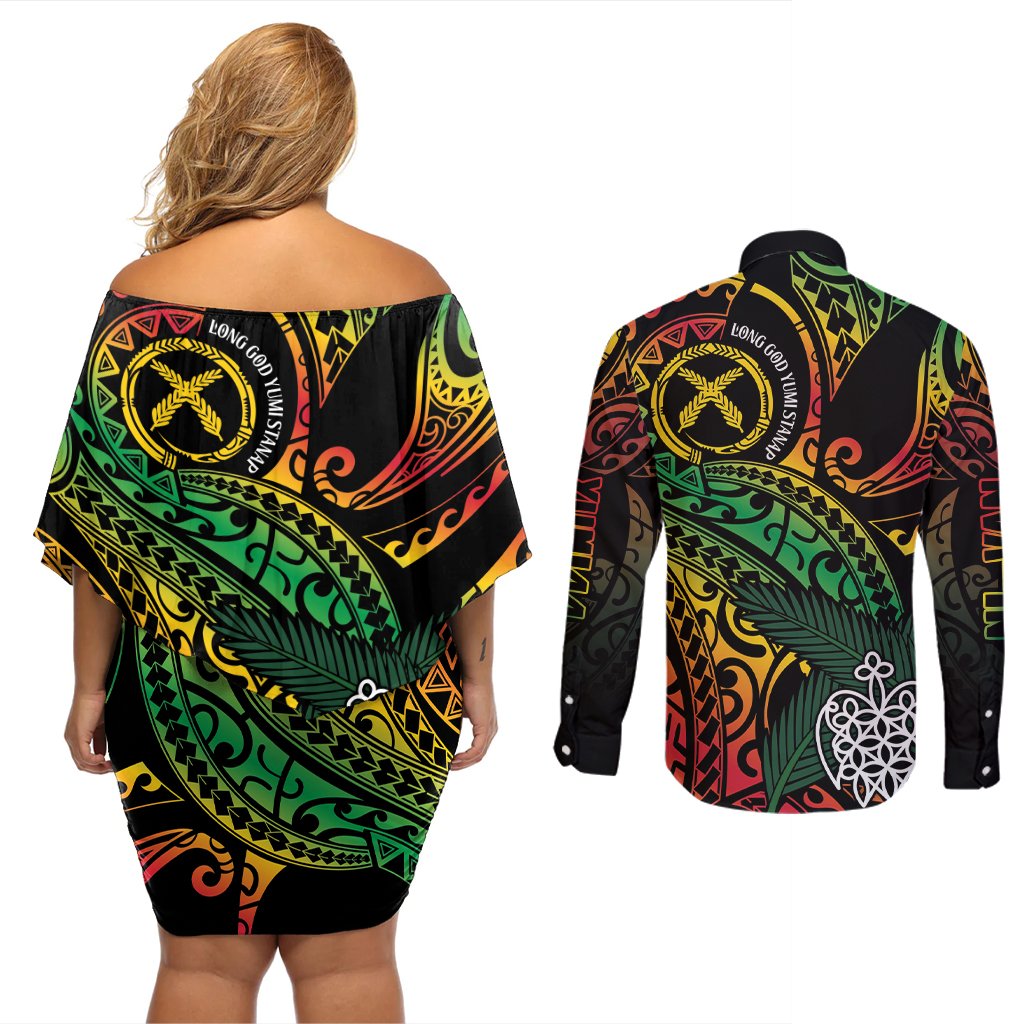 Vanuatu Indipendens Dei Couples Matching Off Shoulder Short Dress and Long Sleeve Button Shirt Mix Traditional Sand Drawing LT7 - Polynesian Pride