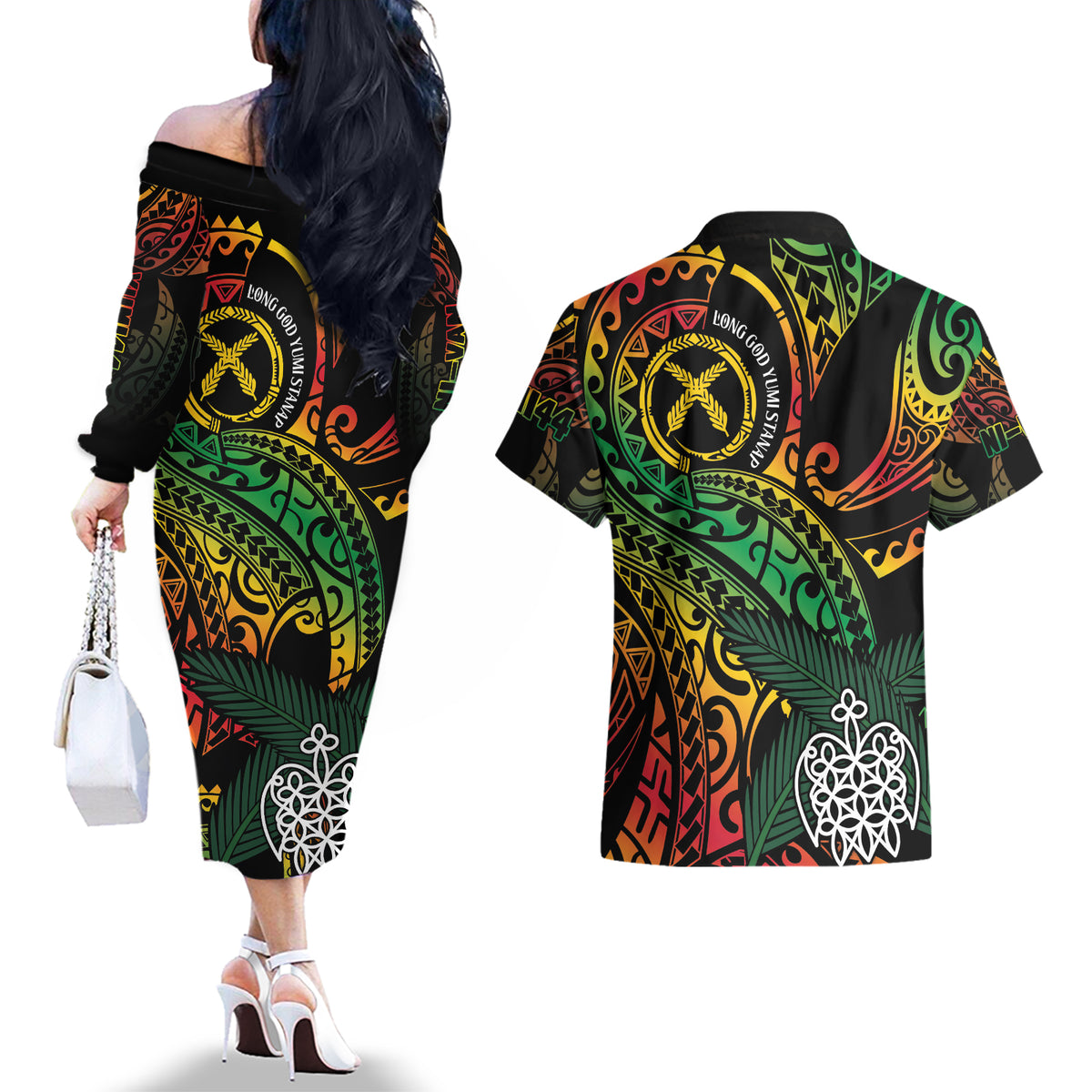 Vanuatu Indipendens Dei Couples Matching Off The Shoulder Long Sleeve Dress and Hawaiian Shirt Mix Traditional Sand Drawing