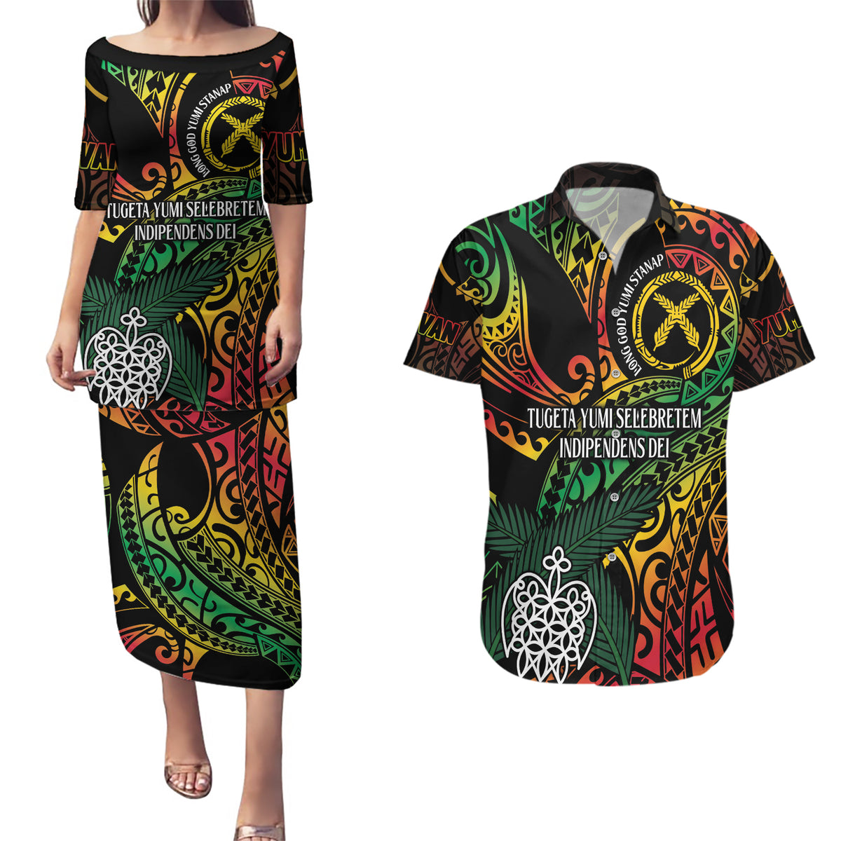 Vanuatu Indipendens Dei Couples Matching Puletasi and Hawaiian Shirt Mix Traditional Sand Drawing LT7 Colorful - Polynesian Pride