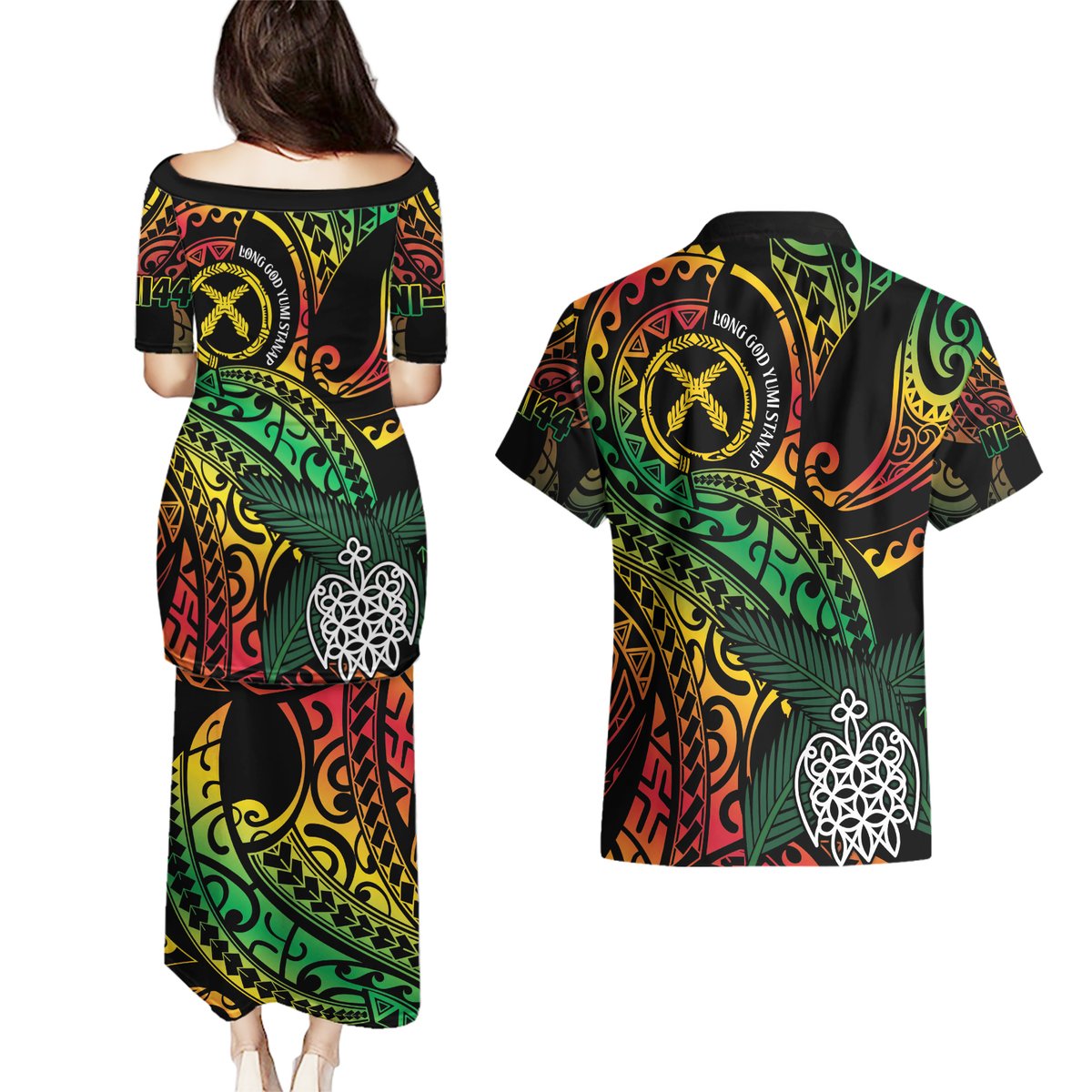 Vanuatu Indipendens Dei Couples Matching Puletasi and Hawaiian Shirt Mix Traditional Sand Drawing LT7 - Polynesian Pride