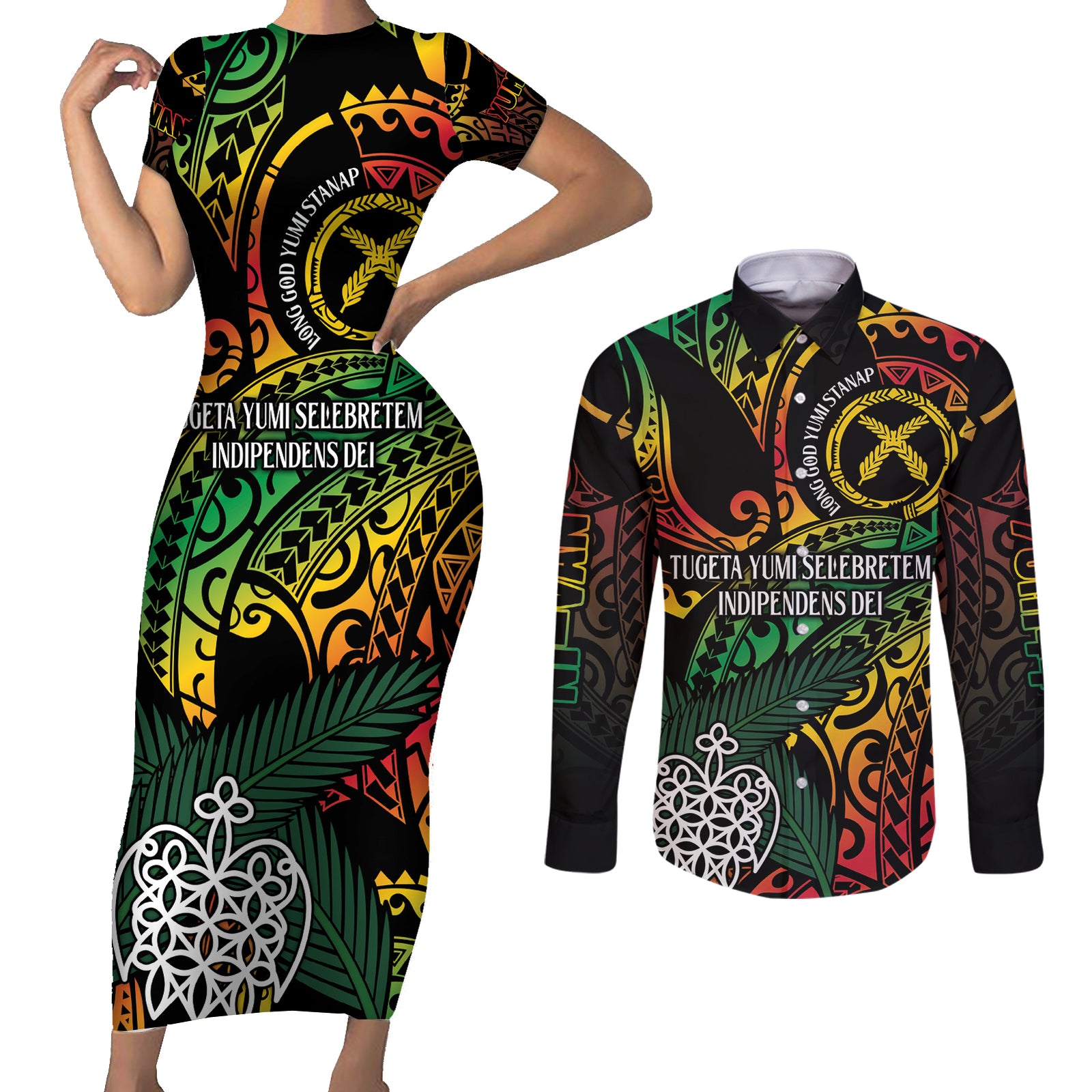 Vanuatu Indipendens Dei Couples Matching Short Sleeve Bodycon Dress and Long Sleeve Button Shirt Mix Traditional Sand Drawing LT7 Colorful - Polynesian Pride