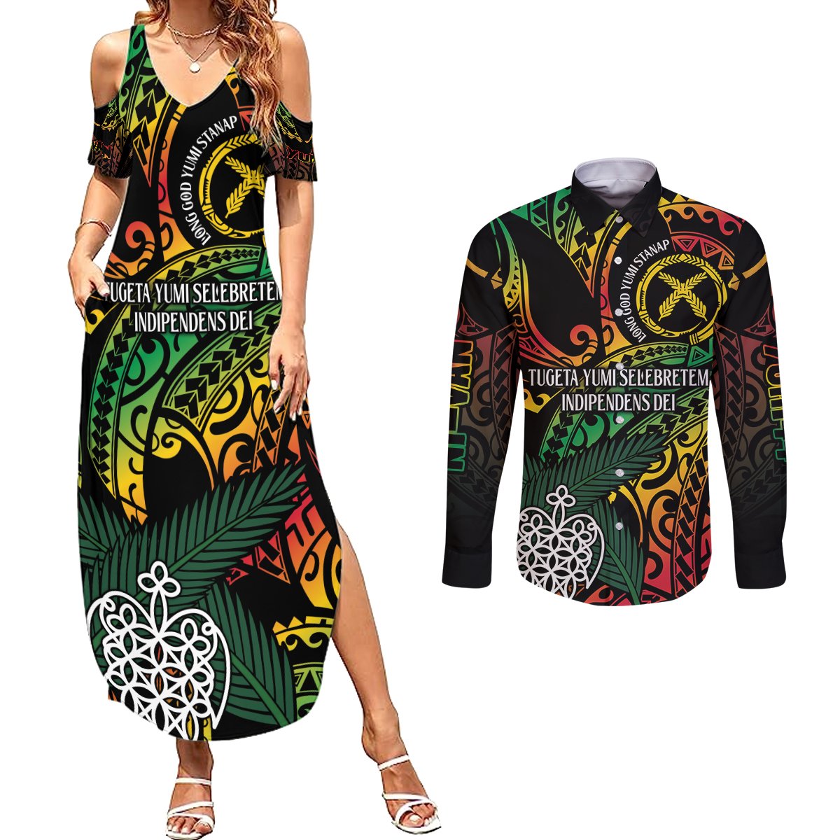 Vanuatu Indipendens Dei Couples Matching Summer Maxi Dress and Long Sleeve Button Shirt Mix Traditional Sand Drawing LT7 Colorful - Polynesian Pride